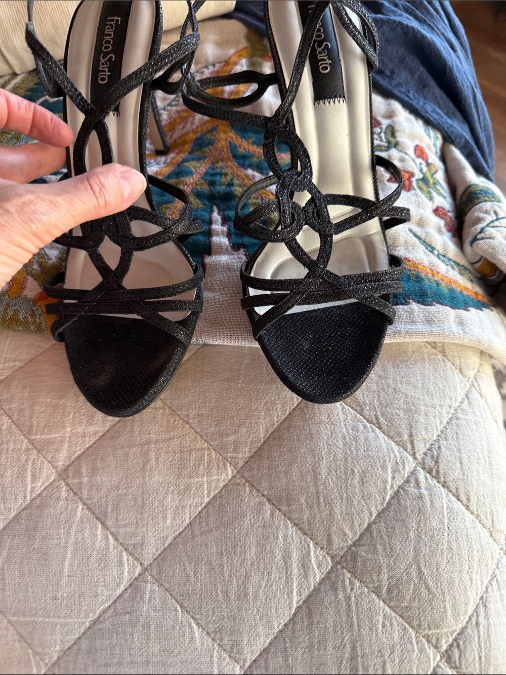 Franco Sarto Black Glitter Strappy High Heel Sandals